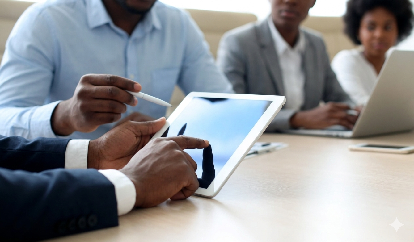Professionals interacting with a tablet